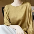 thumbnail image 6 of SSZMDLB Women Silk Satin Long Sleeve Tshirt Round Neck Flowy Casual Basic Blouse Travel Vacation Outfits Summer Tops, Gold L, 6 of 7