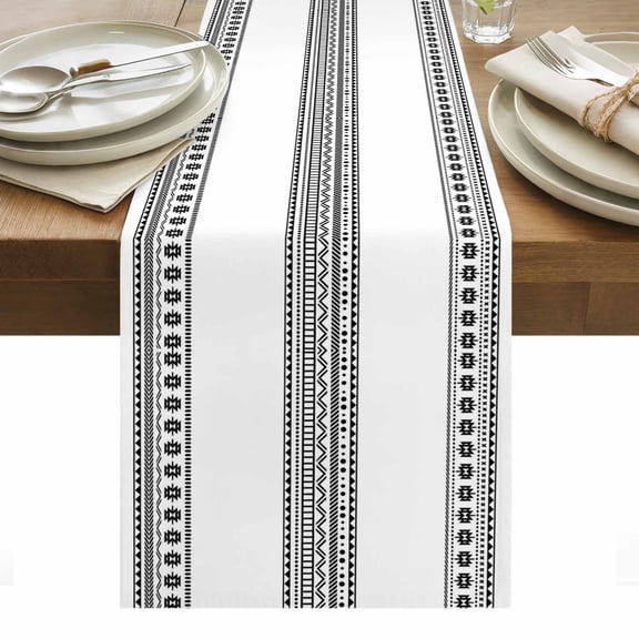 White Boho Table Runner - 120 Inch Long, Kitchen Dining Table Runner Dresser Scarves, Farmhouse Simple Abstract Striped Geometric Farmhouse Decor for Coffee Tables Wedding Party Banquet
