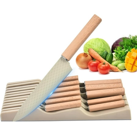 Nonstick Knife Set, 12 Pieces Professional Stainless Steel Kitchen Knife Set with Knife Block and Ergonomic Handle, Non-stick Sharp Knife Set Suitable for Home and Restaurant (Khaki)