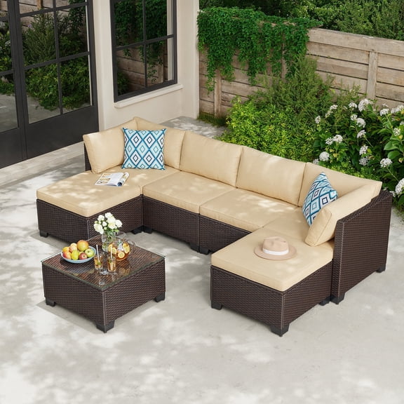 Aiho 7-Piece Outdoor Rattan Sofa Set for 6 with Tempered Glass Table - Patio, Garden & Backyard Furniture, Beige