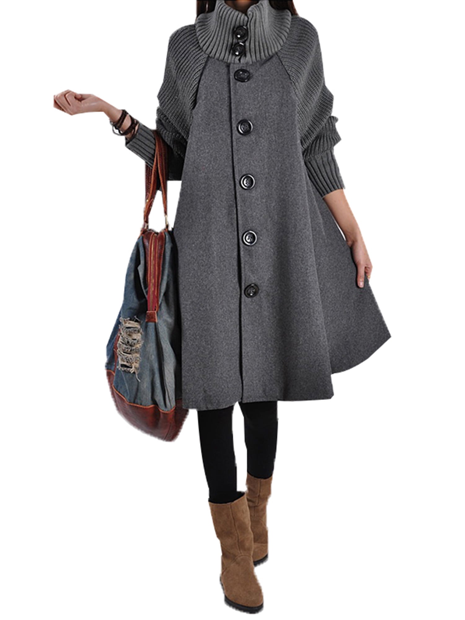 Women Solid Turtleneck Big Pockets Cloak Coats Full Sleeve Oversize Cotton Coats