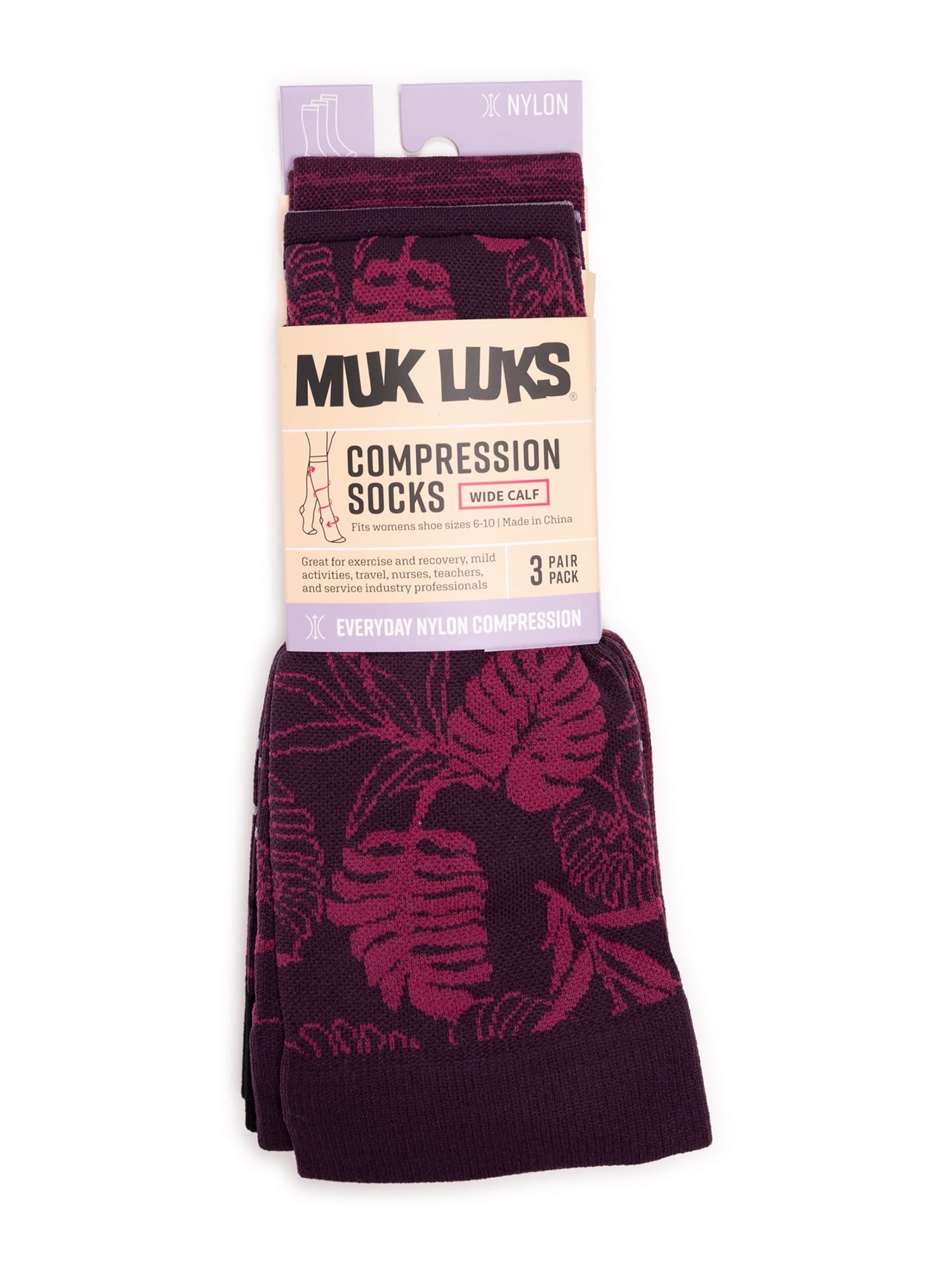 Muk Luks Women's Wide Width Nylon Knee-High Compression Socks, 3-Pack, Shoe Size 6-10