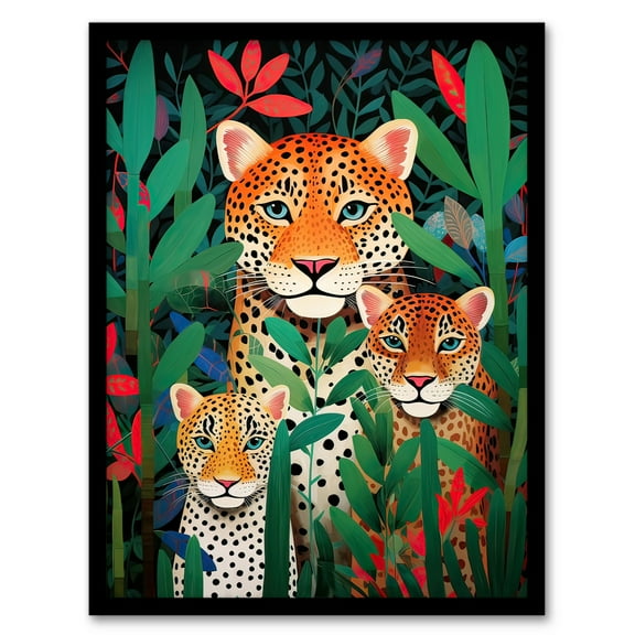 Leopard Family Wildlife Portrait Oil Painting Orange Red Green Jungle Landscape Kids Bedroom Art Print Framed Poster Wall Decor 12x16 inch