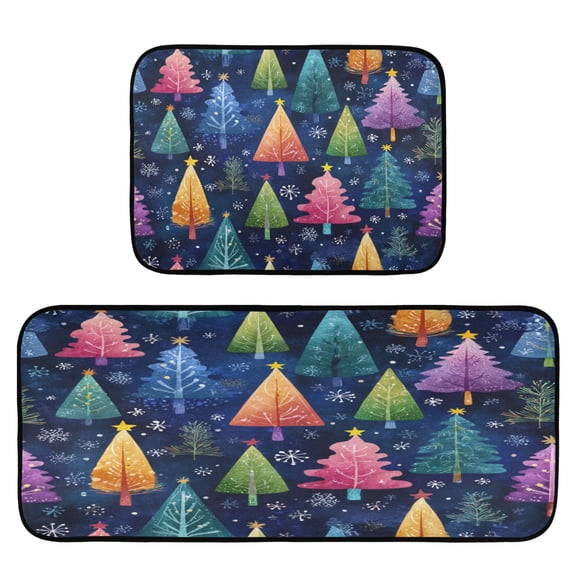 2-Piece Kitchen Rugs Set Non-Slip Mats Carpet Floor for Kitchen, Bathroom (19.7"x27.6" & 19.7"x47.2") Colorful Christmas Trees Pattern