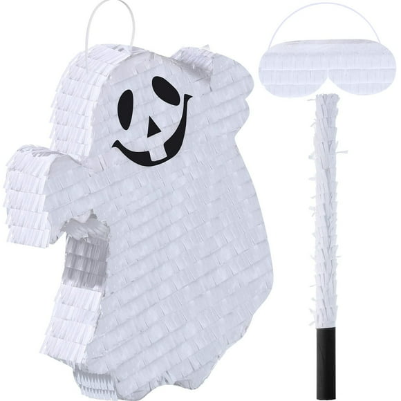Spooky Ghost Pinata Game Set - White Mexican Pinata with Stick & Blindfold for Kids Birthday Party Decorations & Supplies