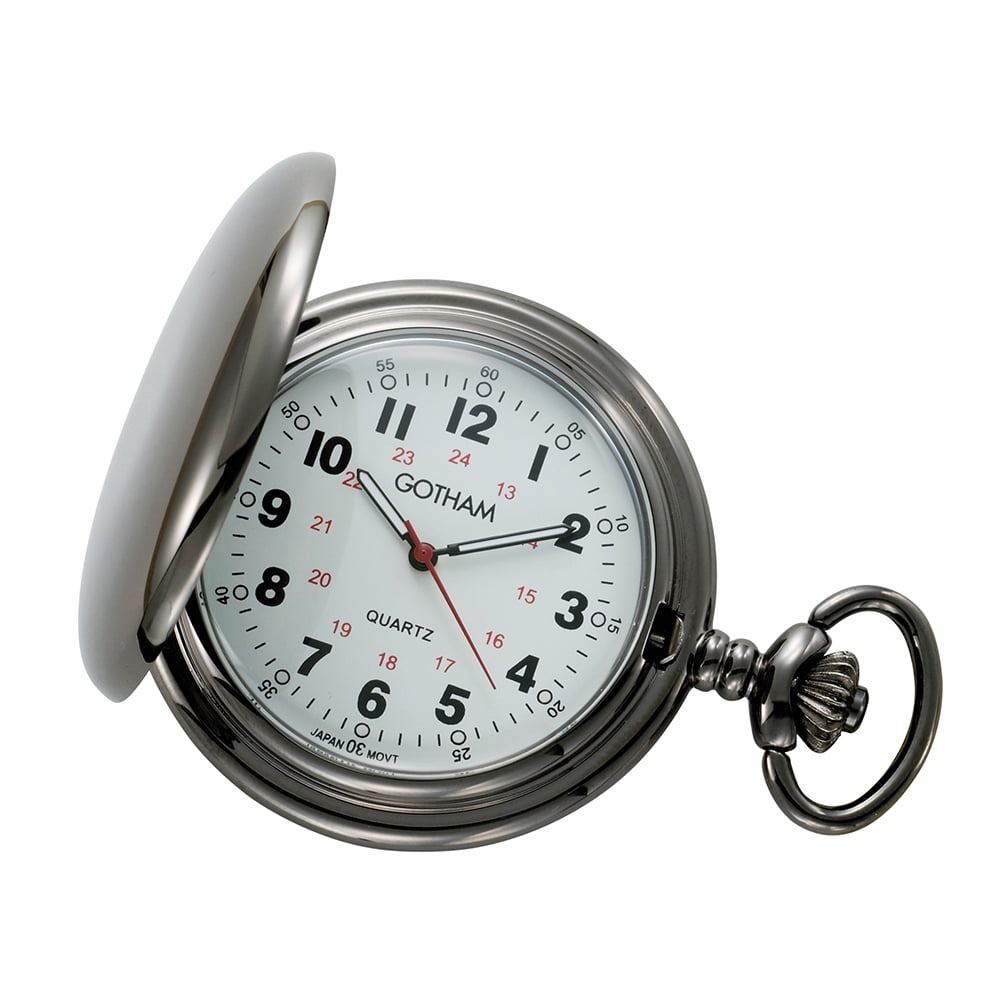 Men's Gun Metal White Dial Covered Quartz Pocket Watch with Chain