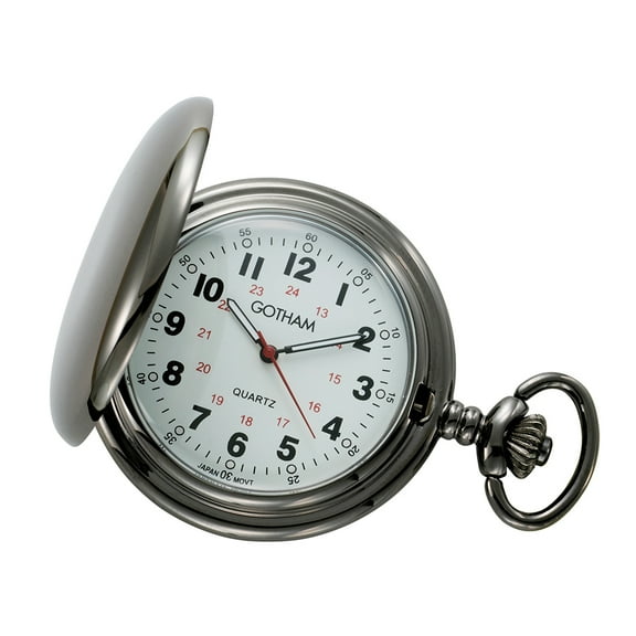 Men's Gun Metal White Dial Covered Quartz Pocket Watch with Chain # GWC15042B