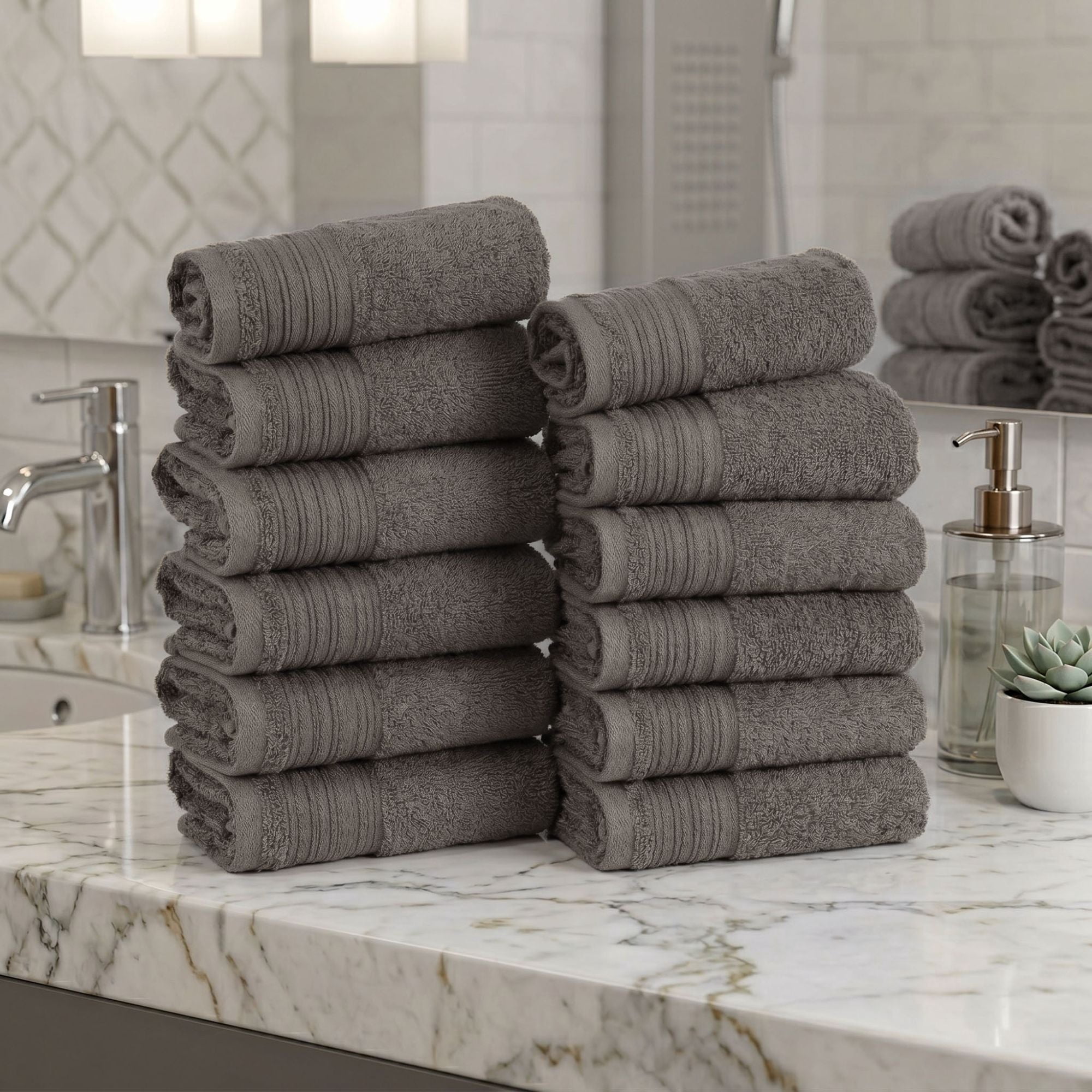 Superior Solid Jacquard Cotton Face Towel Set, 12-Pack, Ivory - Charcoal