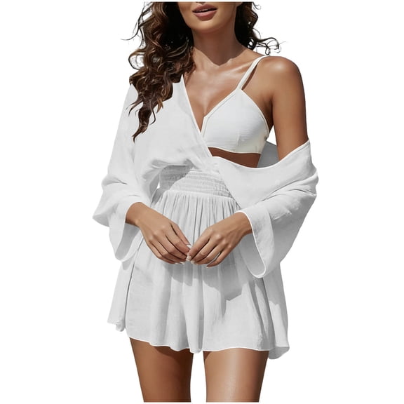 Women Swimsuit Crochet Coverup Long Sleeve V Neck Beach Knit Bathing Suits Cover Ups Mesh Bikini Hollow Out Dress White Free Size