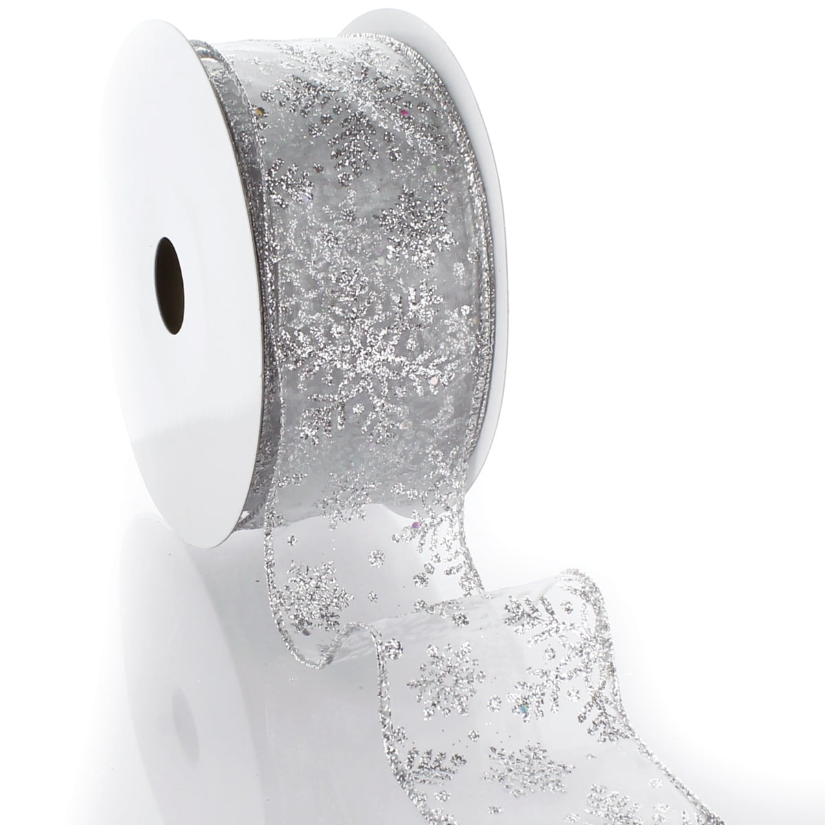Hairbow Center Silver Traditions Glitter Snowflakes Sheer Wired Nylon Ribbon, 900" x 2.5"