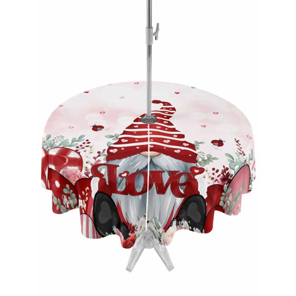 Outdoor Tablecloth with Umbrella Hole and Zipper, Valentines Round Table Cloth 60 Inch Waterproof Tablecloth, Pink Red Love Heart Gnomes Eucalyptus Picnic Table Cover for Patio Camping