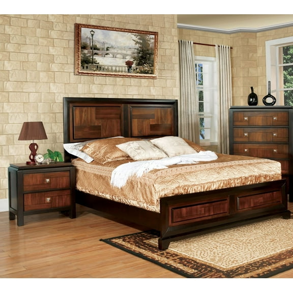 Walnut Acacia Finish Two Tone 3pc Master Bedroom Furniture Eastern King Size Bed 2x Nightstands Transitional Look Solid wood