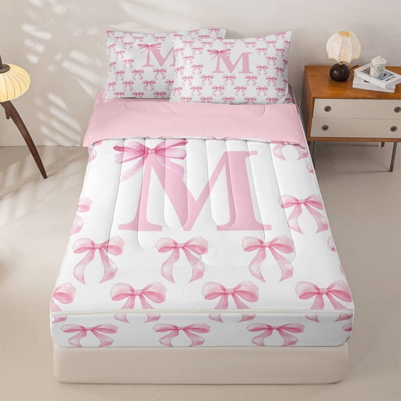 Homewish Pink Letter D Personalized InitialZipper Twin Comforter Sets with Fitted Sheet and 2 Pillowcases For Kids,Girly Bowknot Zipper Bedding Set,Pink Reversible,4-Piece