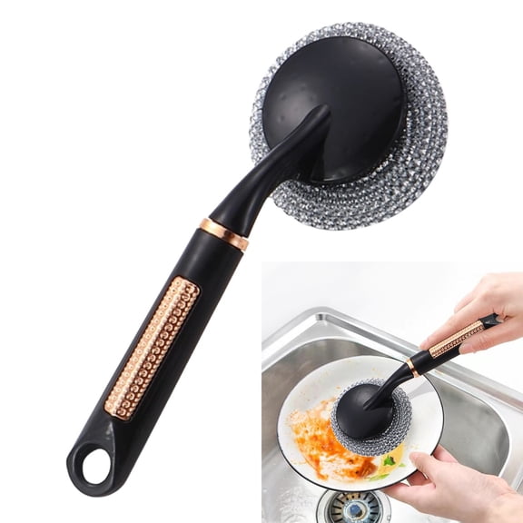 Metal Scrubbing Brush for Pots and Pans, Stainless Steel Wire Scrubber with Long Handle, Heavy Duty Scratch Brush, Non-Slip Grip, Dishwasher Safe, Kitchen Cleaning Tool