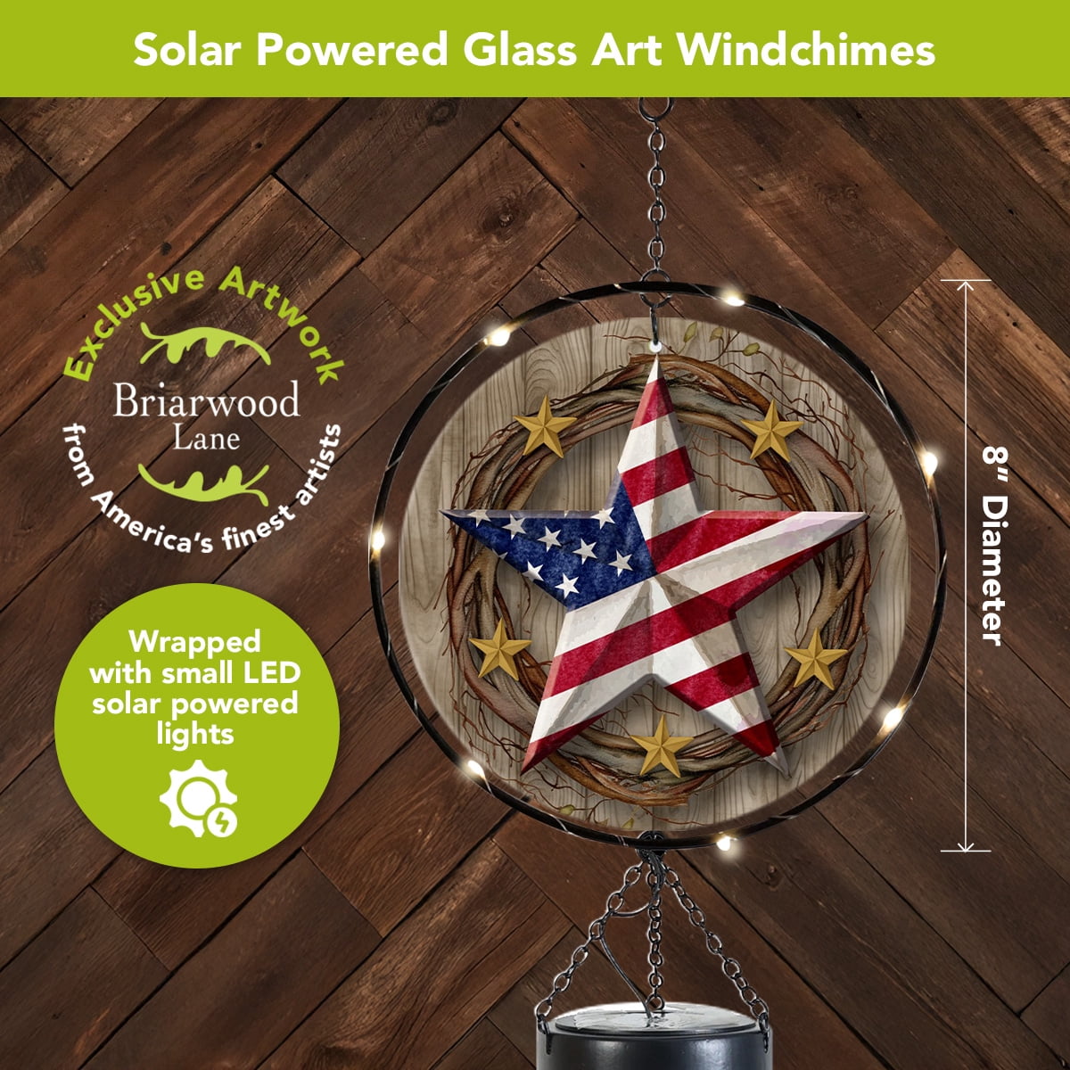 Briarwood Lane Everyday LED Illuminated Solar Powered Glass Suncatcher  Wind Chime 37x8 American Barnstar Wind Chime For Outdoors Melodic Metal Windchimes Wind-Chimes