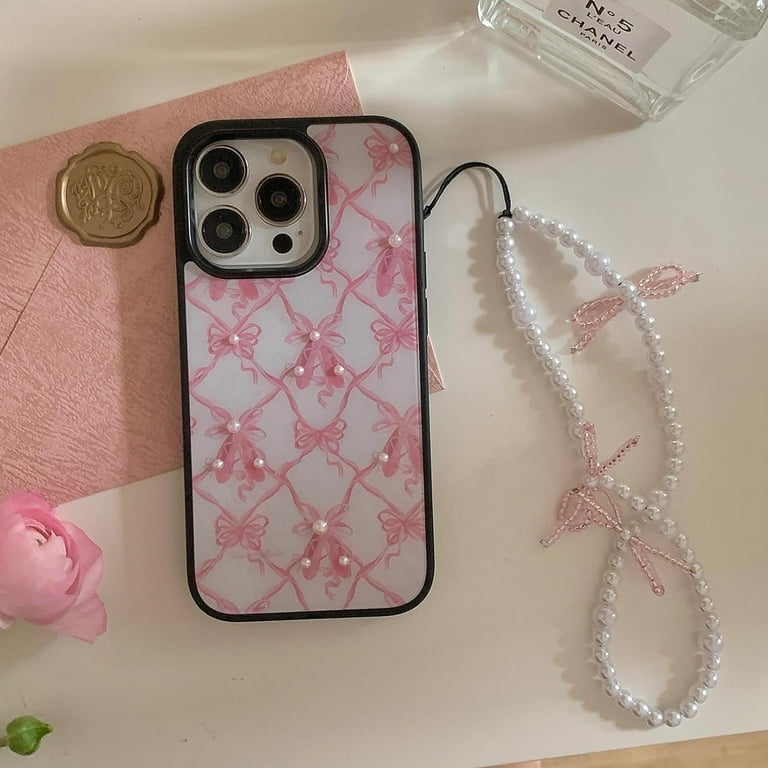 Pink Bow Ribbon Phone Case for iPhone 15 Pro Max with Pearl Beade