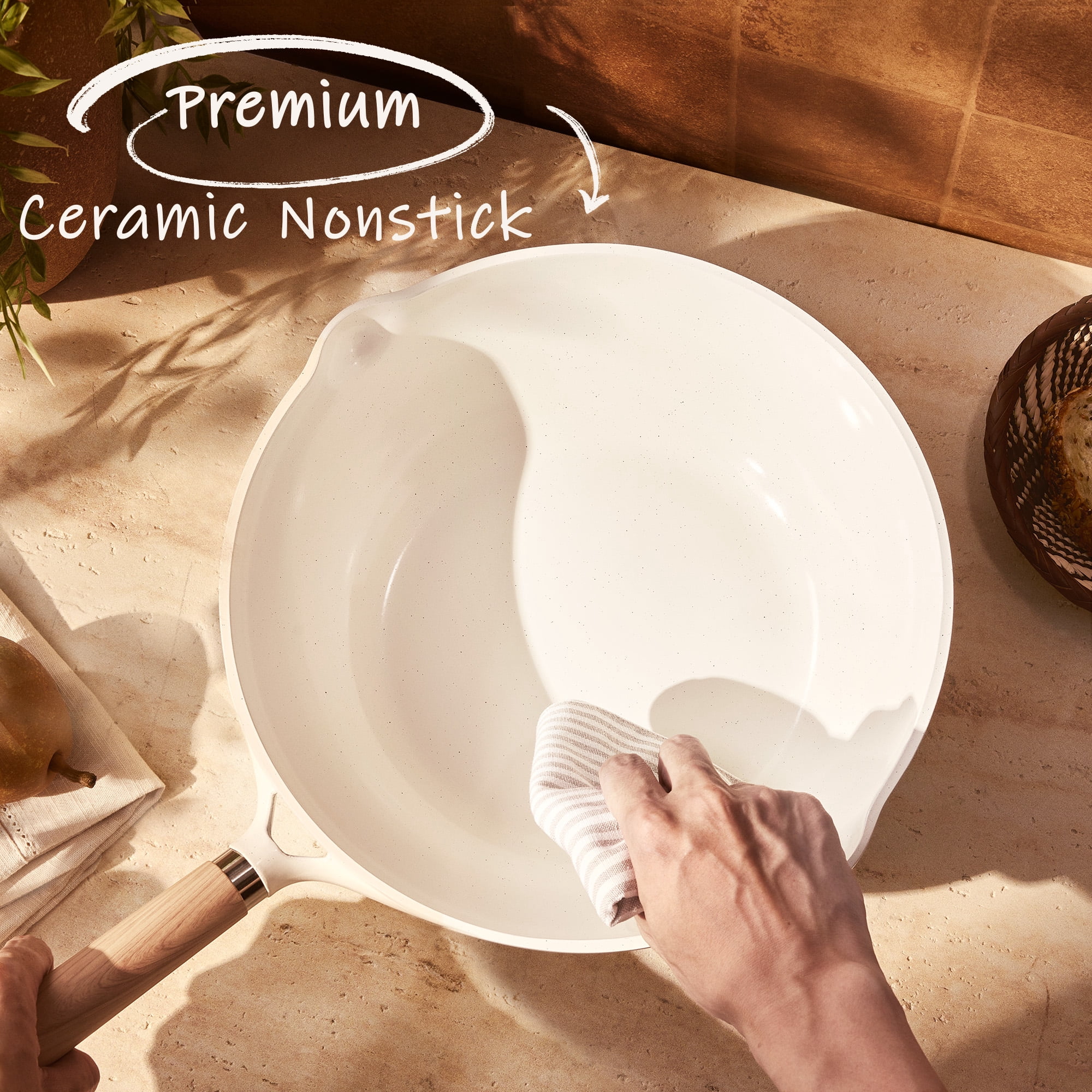 Carote Ceramic Nonstick Wok with Induction 12" Non-Stick Saute Pan, All Stoves Compatible, Bon Appetit, White Granite, 5.8QT