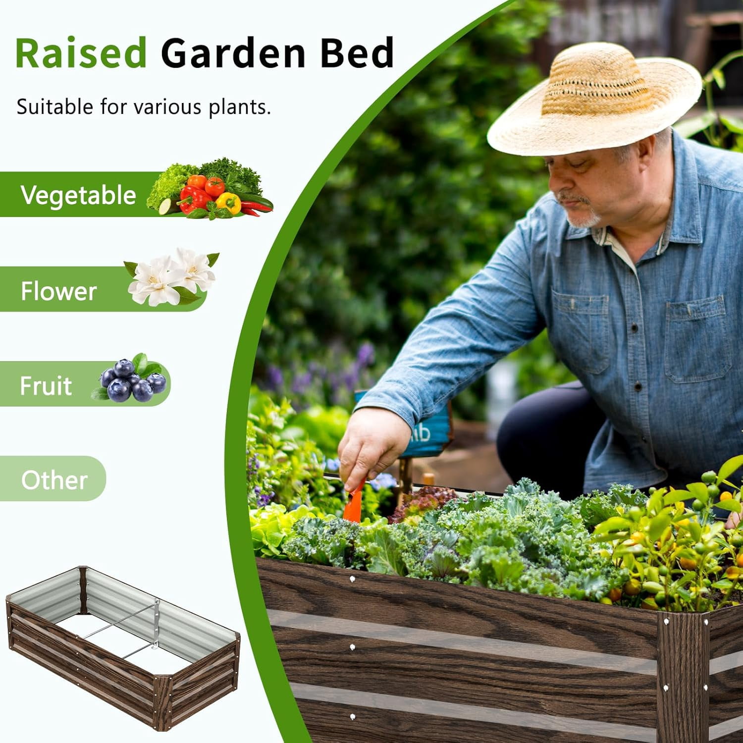 Slsy Galvanized Raised Garden Bed with 87in Tall Garden Trellis Metal Plant Support Trellis Archway for Vegetables Flowers Herbs,Wood Grain
