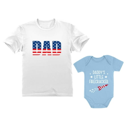 

USA Dad Daddy s Little Firecracker Outfit 4th of July Patriotic Matching Set Dad White Small / Baby Aqua NB (0-3M)