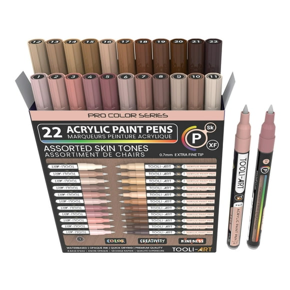 Acrylic Paint Pens 22 Skin Tones Assorted Pro Color Series Markers Set 0.7mm Extra Fine Tip for Rock Painting, Glass, Mugs, Wood, Metal, Canvas, Proj