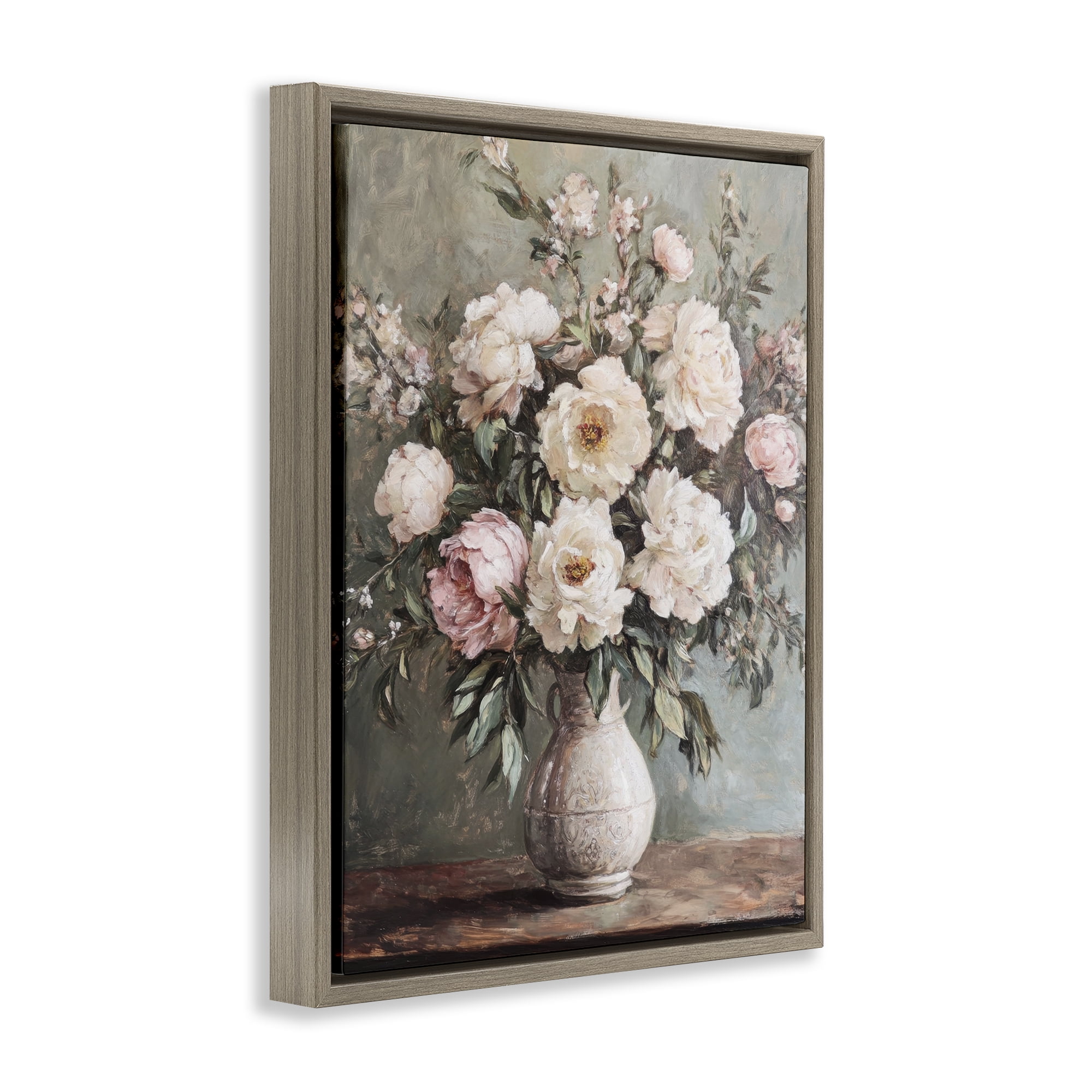 Stupell Industries Pink Peonies Ornate Vase Plants & Flowers Painting Brown Floater Framed Canvas Art Print Wall Art, 17 x 21