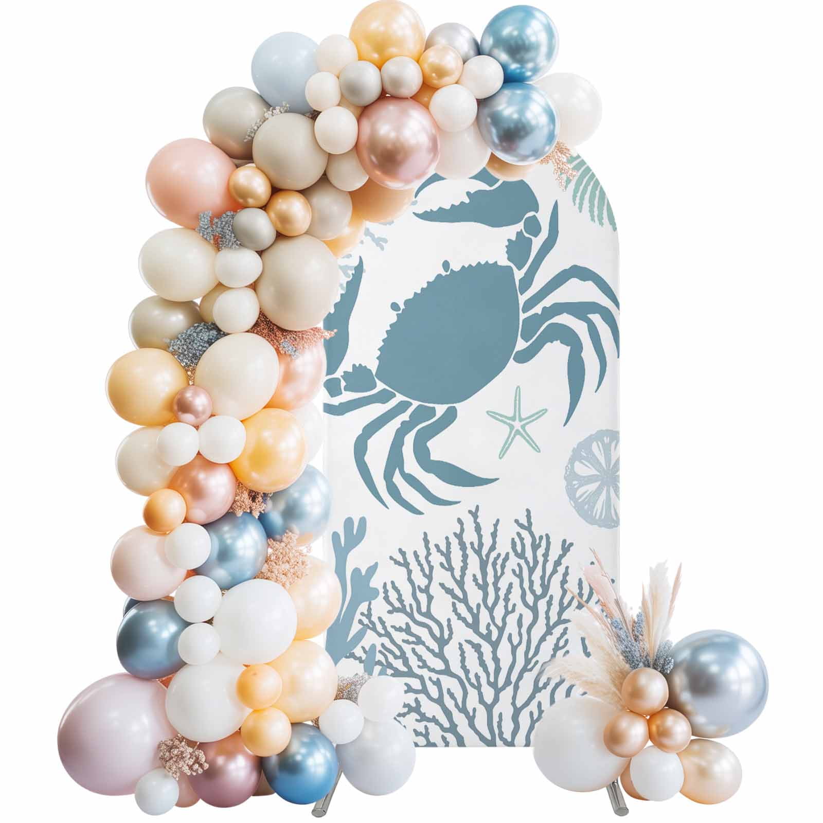 Teal Blue Crab Coastal Arch Backdrop Cover 5Ft, Wedding Arch Covers Stretchy Backdrop, Summer Coral Nautical Fitted 2 Sided Arched Photo Background for Birthday Party Decorations