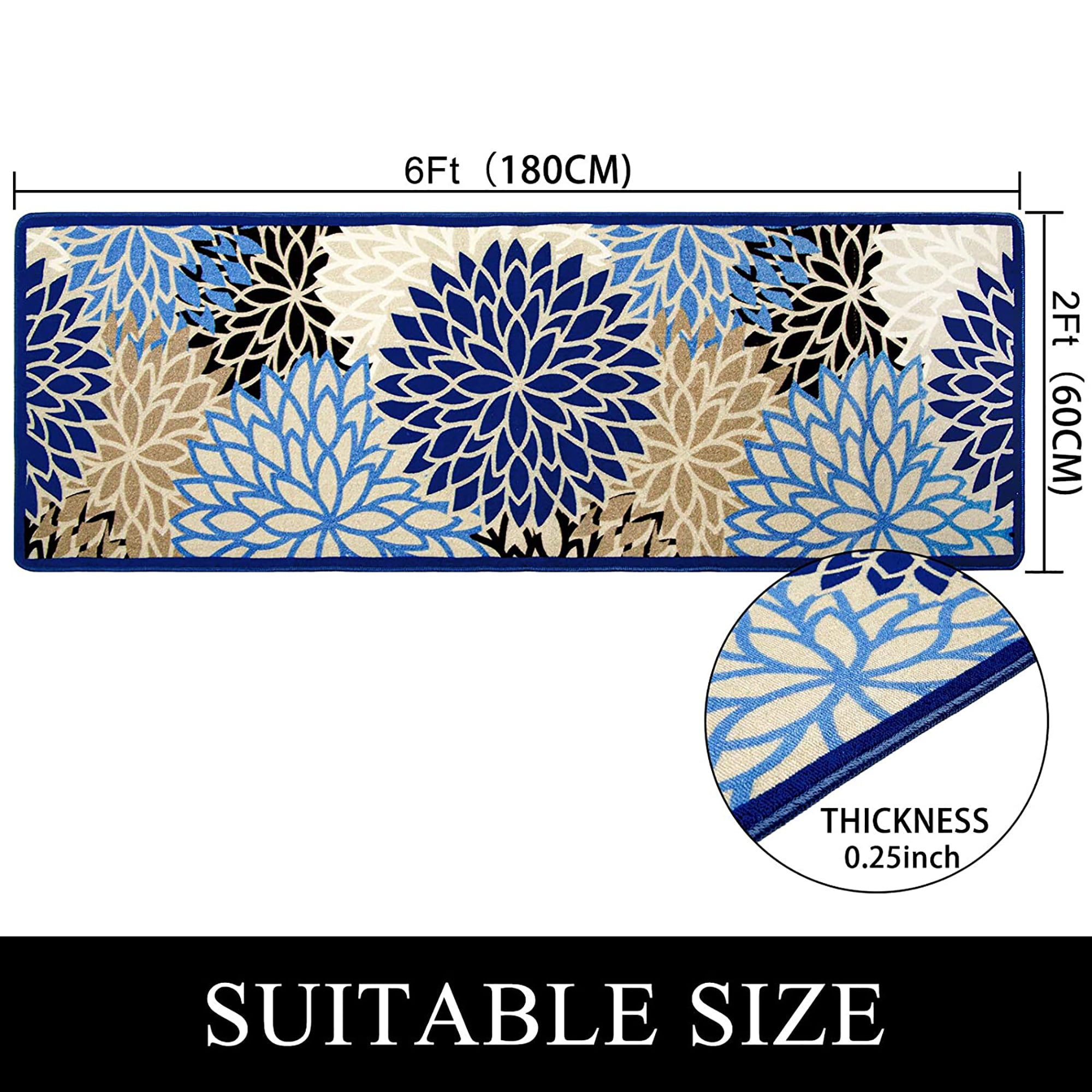 Runner Rugs for Hallway, Yamaziot 2'x6' Laundry Room Mat, Washable Non Slip Kitchen Rug, Floral Bathroom Floor Carpet Doormat, Blue