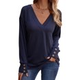 thumbnail image 3 of Long Sleeve Shirt for Women Fall Outfits Dressy Casual Fashion Clothing V Neck Tunic Tops with Button Navy Blue S, 3 of 8