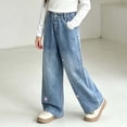 thumbnail image 5 of JUSLIO Girls Pants,Pull‑On Denim Pants Vintage Washed Flower Embroidered Relaxed Wide Leg Jeans for Kids Blue 3-4Years, 5 of 7
