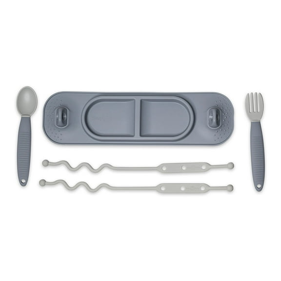 Busy Baby Silicone Mini Mat with Utensils and Toy Straps, for Infant and Toddler, Pewter