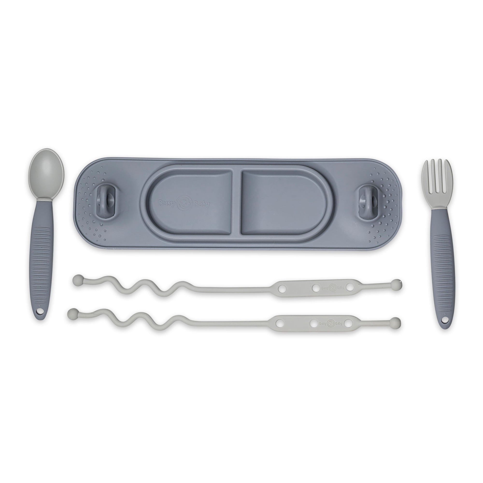 Busy Baby Silicone Mini Mat with Utensils and Toy Straps, for Infant and Toddler, Pewter