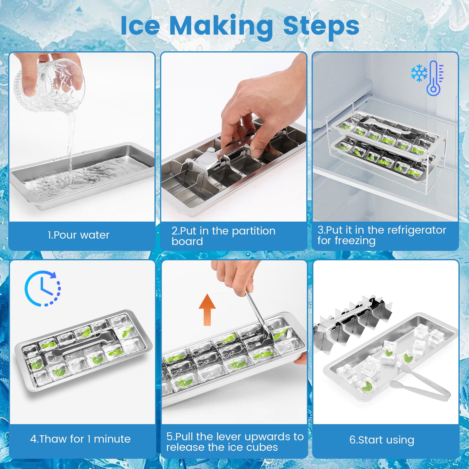 LINFANG 2 Pcs Stainless Steel Ice Cube Tray with Stand and Clip Reusable Metal Ice Cube Tray with Easy Release Lever Total 36 Slots for Bars and Kitchens