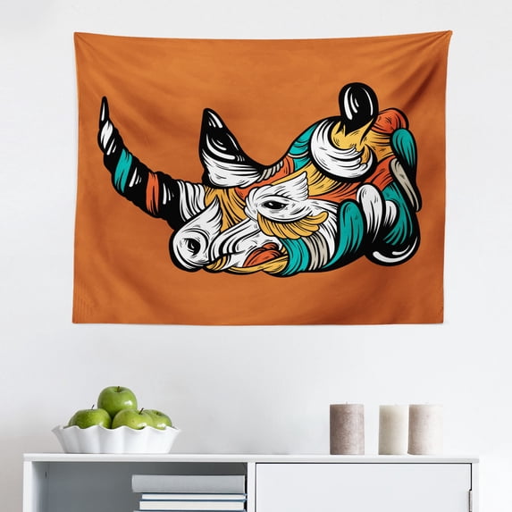 Animal Tapestry, Polygonal Animal Line Art Arrangement with Angled Striped Monochrome, Fabric Wall Hanging Decor for Bedroom Living Room Dorm, 2 Sizes, Charcoal Grey and White, by Ambesonne