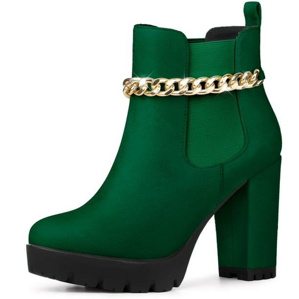 Botines de Tacón Alto Grueso Allegra K con Cadena y Plataforma Verde 39