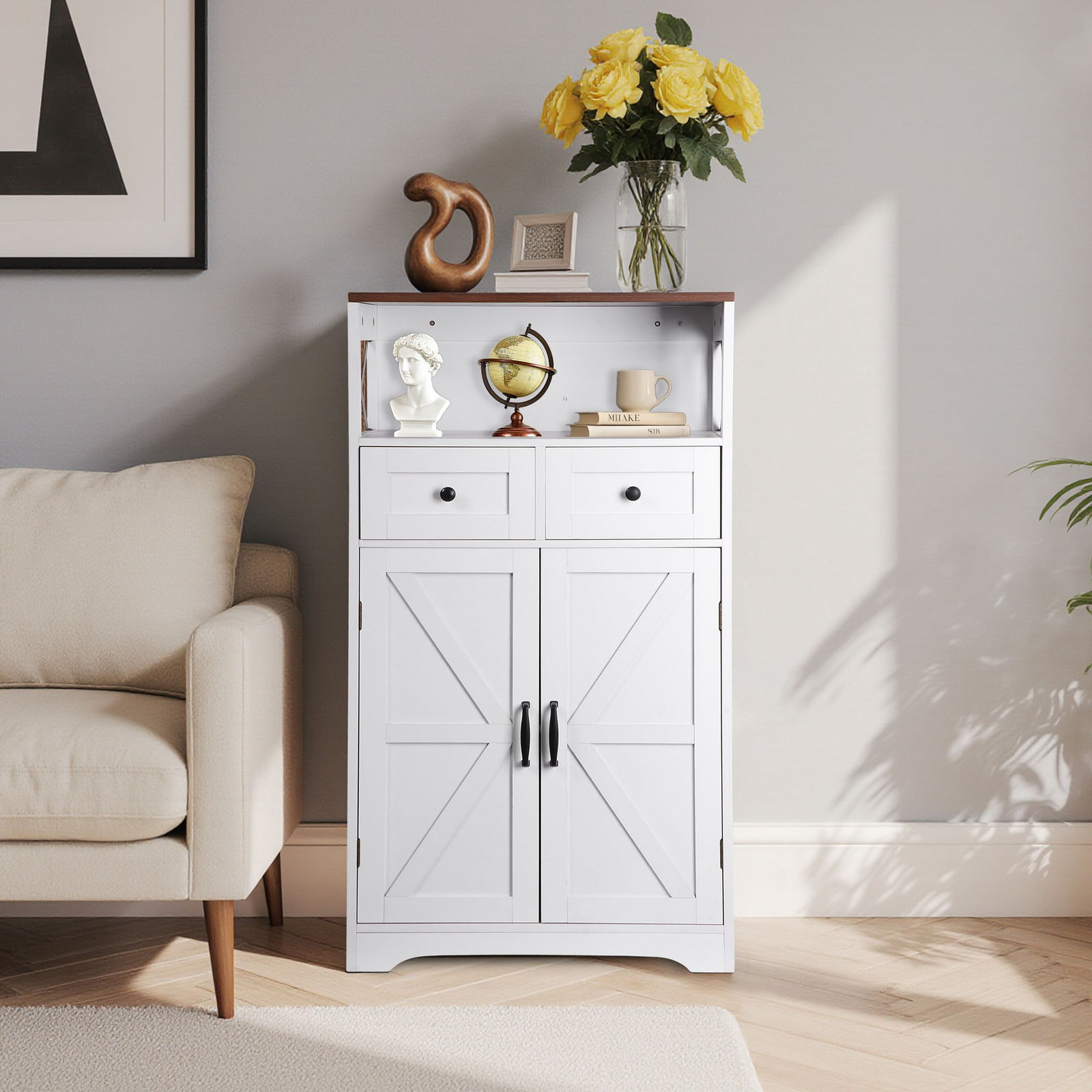 WDZS Farmhouse White Storage Cabinet with Doors and Drawers, Freestanding Kitchen Pantry Cabinet, Floor Storage Cabinet Hutch Cupboard for Kitchen/Laundry/Living Room/Bedroom