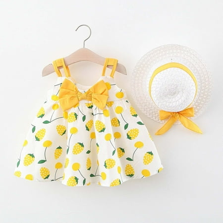 

Leutsin Toddler Kids Baby Girl Summer Bow Print Suspender Dress With Hat