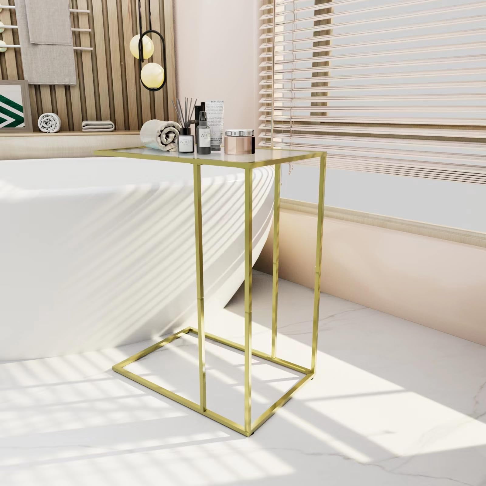 C-Shaped End Table, Side Table for Couch,Sofa Snack Table with Tempered Glass & Metal Frame,Small TV Tray Table for Small Space,Living Room, Bedroom, Bedside,Modern Style, Gold