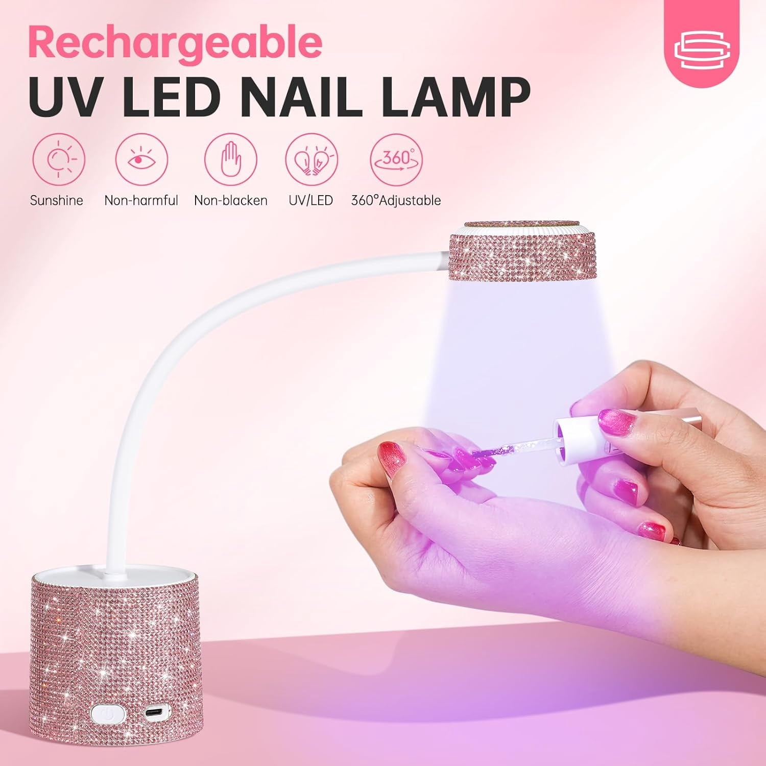 UV LED Nail Lamp, Mini UV Light for Gel Nails Polish, Rechargeable LED Flash Cure Nail Dryer, Quick Drying Goosenecks UV Nail Lamp for Home Nail Salon DIY Manicure, AB Diamond,Rose Red Sticky Diamond