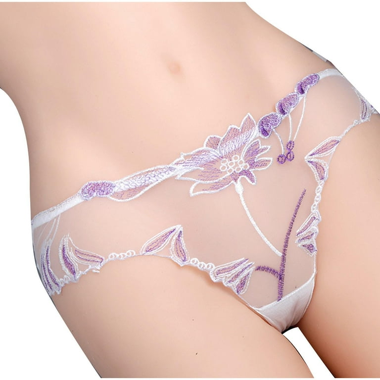 XFLWAM Sheer Mesh Panties for Women Floral Lace Embroidered Underwear  Briefs See Through Thongs G-string Underpants White M