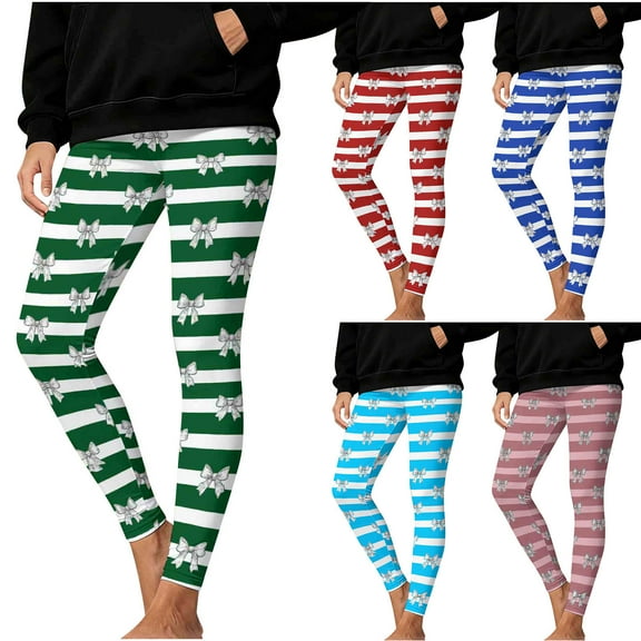 Fengqque Women's Christmas Stripe Printed Fashionable Elastic Leggings Fitness Running Casual Pants Yoga Pants Red XL(XL)