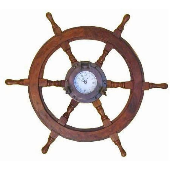 Wood Ship Wheel Wall Clock 24" - Nautical Decor by ITDC