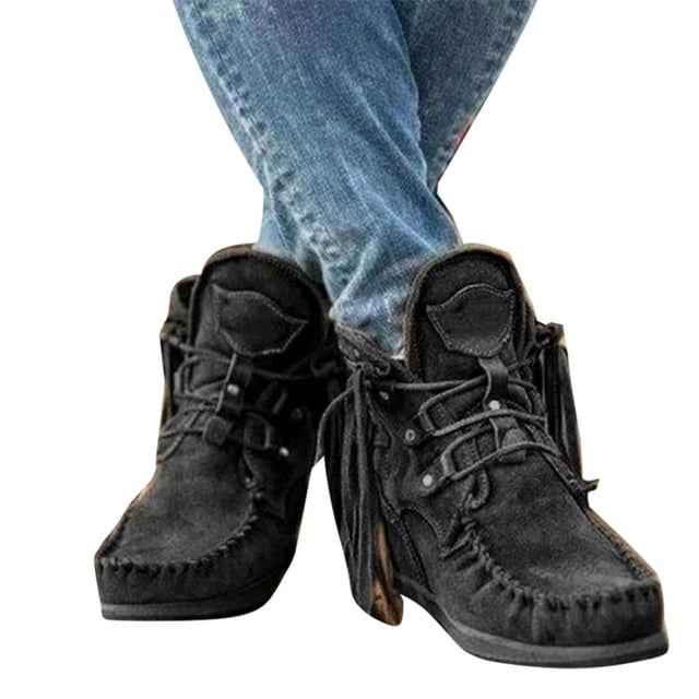 Nouvelles Bottines Rétro en Daim pour Femmes Chaussures de Luxe Mates avec Franges Chaussures de Mode Rétro en Daim Chaussures de Luxe Mates avec Franges Bottines à la Mode pour Femmes (Noir 43)