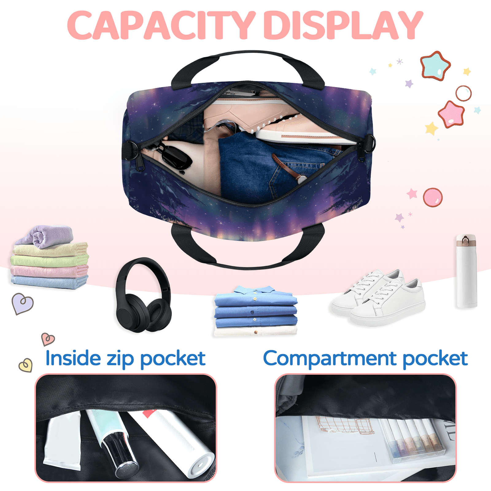Herdesigns Northern Lights Gym Bag for Women, Duffle Bag for Travel Sport, Lightweight Waterproof Carry on Weekender Overnight Dance Yoga Workout Bags