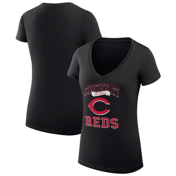 Women's G-III 4Her by Carl Banks Black Cincinnati Reds Super-Slim Fit Lightweight Team Logo Graphic V-Neck T-Shirt