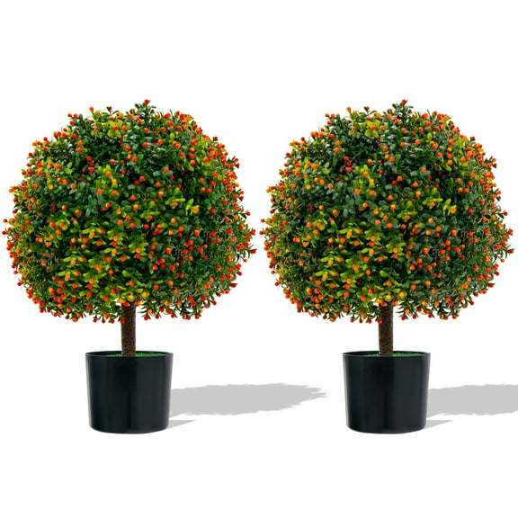 Topbuy 22" Artificial Boxwood Topiary Ball Tree 2 Pack Faux Bushes Plants with Orange Fruits & Cement Flower Pot