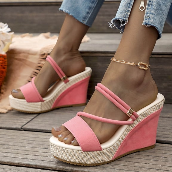 Womens Wedge Platform Espadrille Slide Sandals Slip On Open Toe High Heels Casual Summer Shoes Pink 6.5