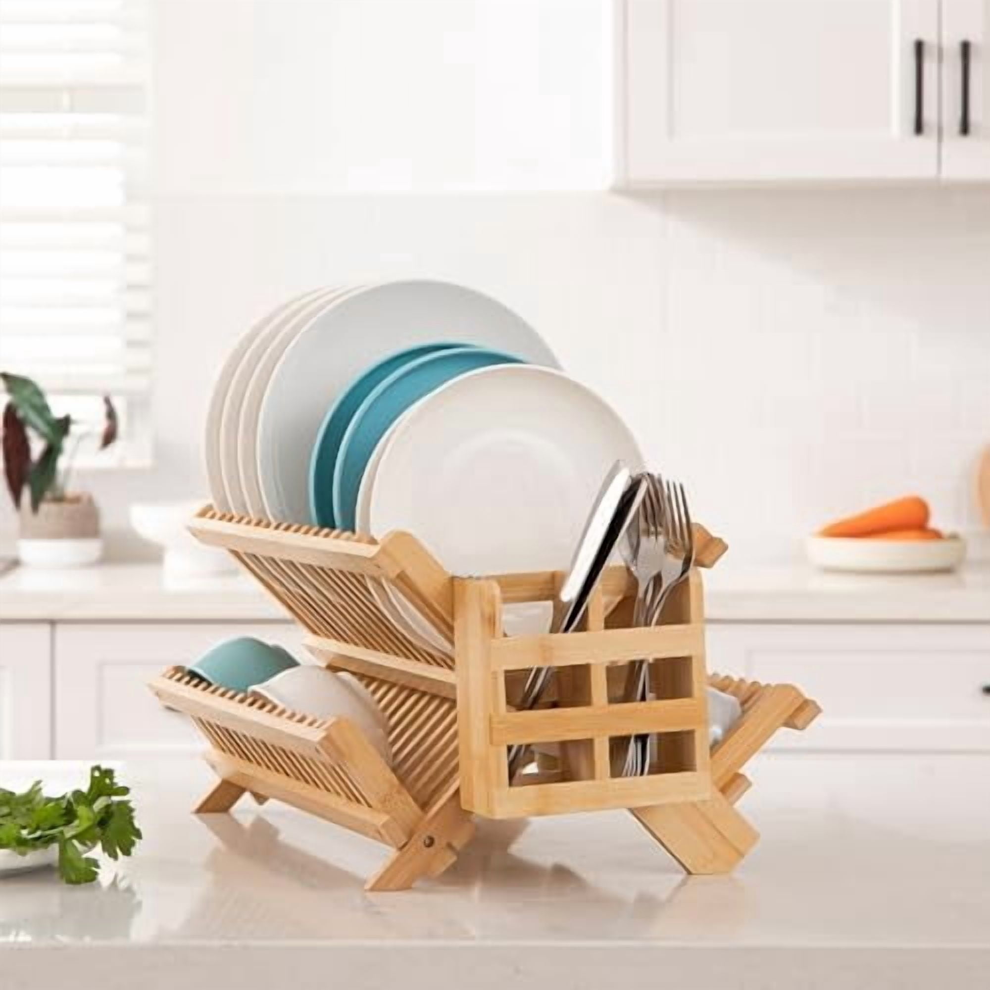 Bamboo Dish Drying Rack with Utensils Flatware Holder Set, 3-Tier Large Folding Drying Holder for Kitchen Counter, Collapsible Drainer