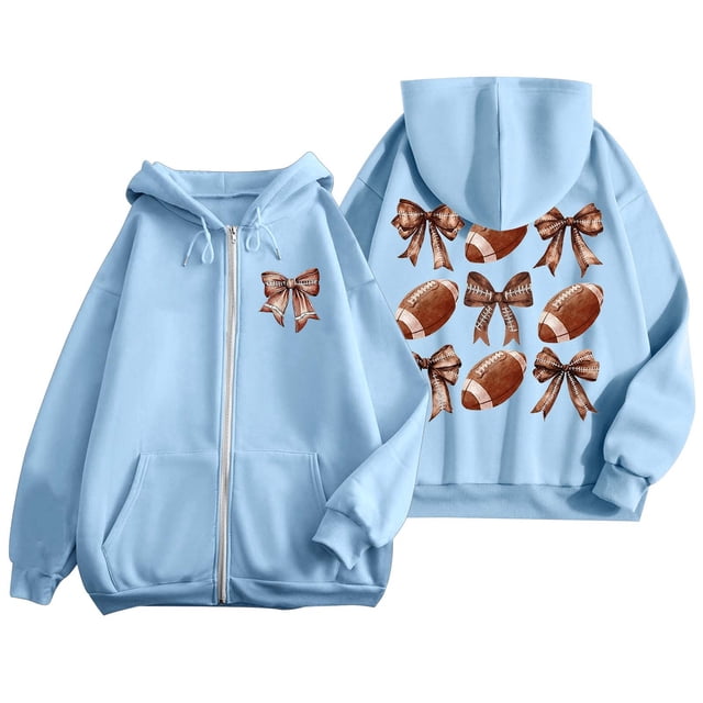 Women's Fashion Rugby Print Zippered Long Sleeve Hoodie with Pocket Drawstring Casual Athletic Sweatshirt