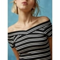 thumbnail image 5 of Cenuakty Women's Off Shoulder Tops Short Sleeve V Neck Solid Color/Striped Print Slim Fit T-Shirts Streetwear, 5 of 9