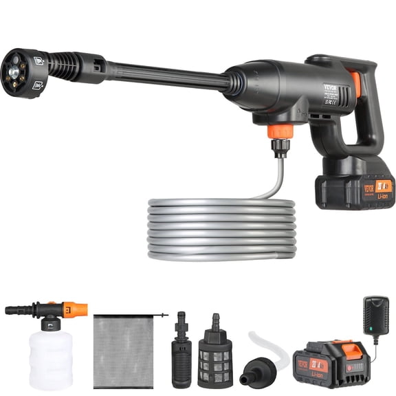 VEVOR Cordless Pressure Washer, 580-PSI 1.1 GPM Portable Power Cleaner, Handheld High-Pressure Car Washer Gun with 4.0Ah Battery, Charger, 6-in-1 Nozz